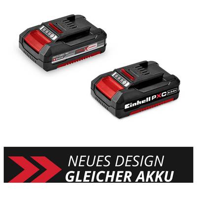Zwei schwarze und rote Akkus von Einhell mit der Aufschrift 'NEUES DESIGN GLEICHER AKKU', zeigen ein neues Design.