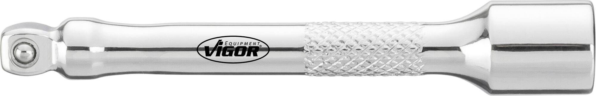 Chromfarbener Hebelkopfschlüssel mit geriffeltem Griff und 'Vigor'-Logo in der Mitte. Designed für Festziehen oder Lösen von Schrauben.
