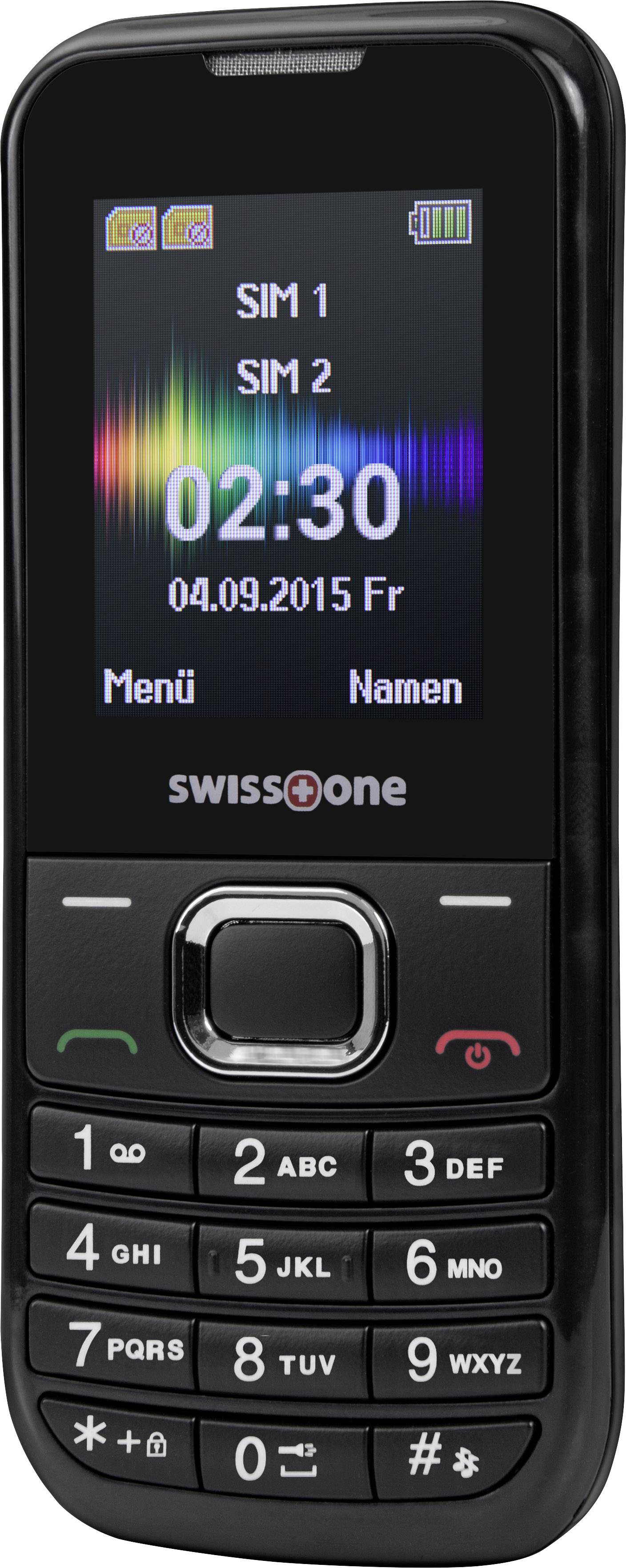 Schwarzes Tastenhandy mit Farbdisplay. Zeigt Datum '04.09.2015' und Uhrzeit '02:30' an. SIM 1 und SIM 2 sind oben links angezeigt.