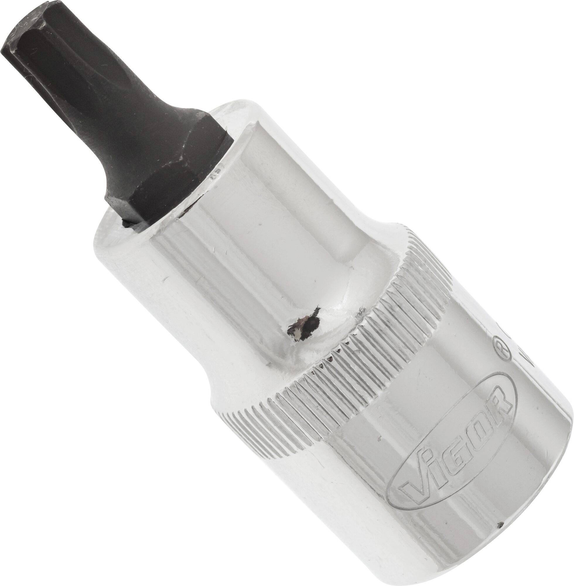 Metallische Torx-Bit-Stecknuss mit schwarzem Einsatz, geeignet zur Befestigung mit einem Schraubenschlüssel, gedreht abgebildet.