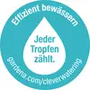 'Jeder Tropfen zählt. Effizient bewässern.' Ein Tropfensymbol, das für effiziente Wasserbewässerung wirbt, Gartenlink enthalten.