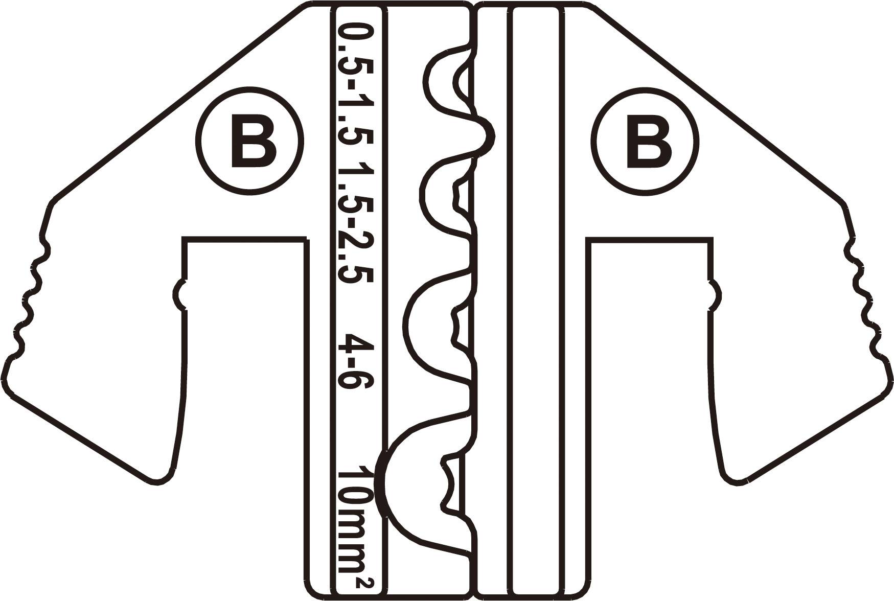 'Abisolierzange mit Skala für Kabelquerschnitte 0,5-10 mm² zur präzisen Abisolierung. Seitliche Markierungen mit Buchstaben B.'