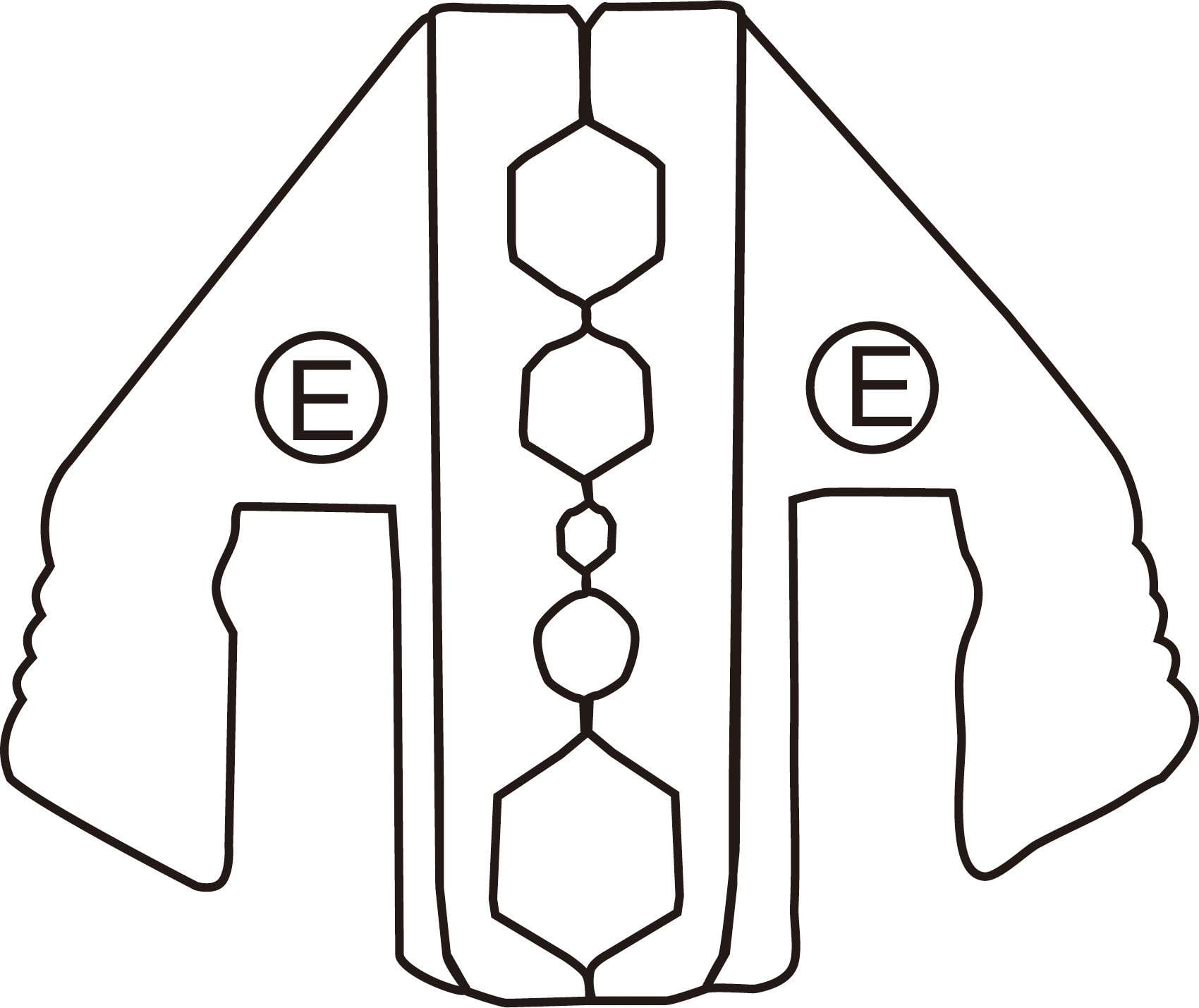 Strichzeichnung eines Kabelschuhwerkzeugs mit sechseckigen Formen, die für verschiedene Drahtstärken verwendet werden können.