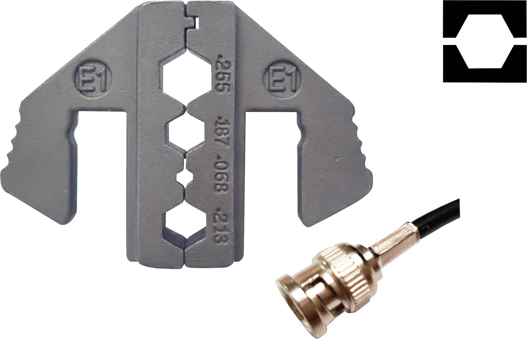 Crimpwerkzeug mit hexagonalen Öffnungen neben einem koaxialen Steckverbinder.