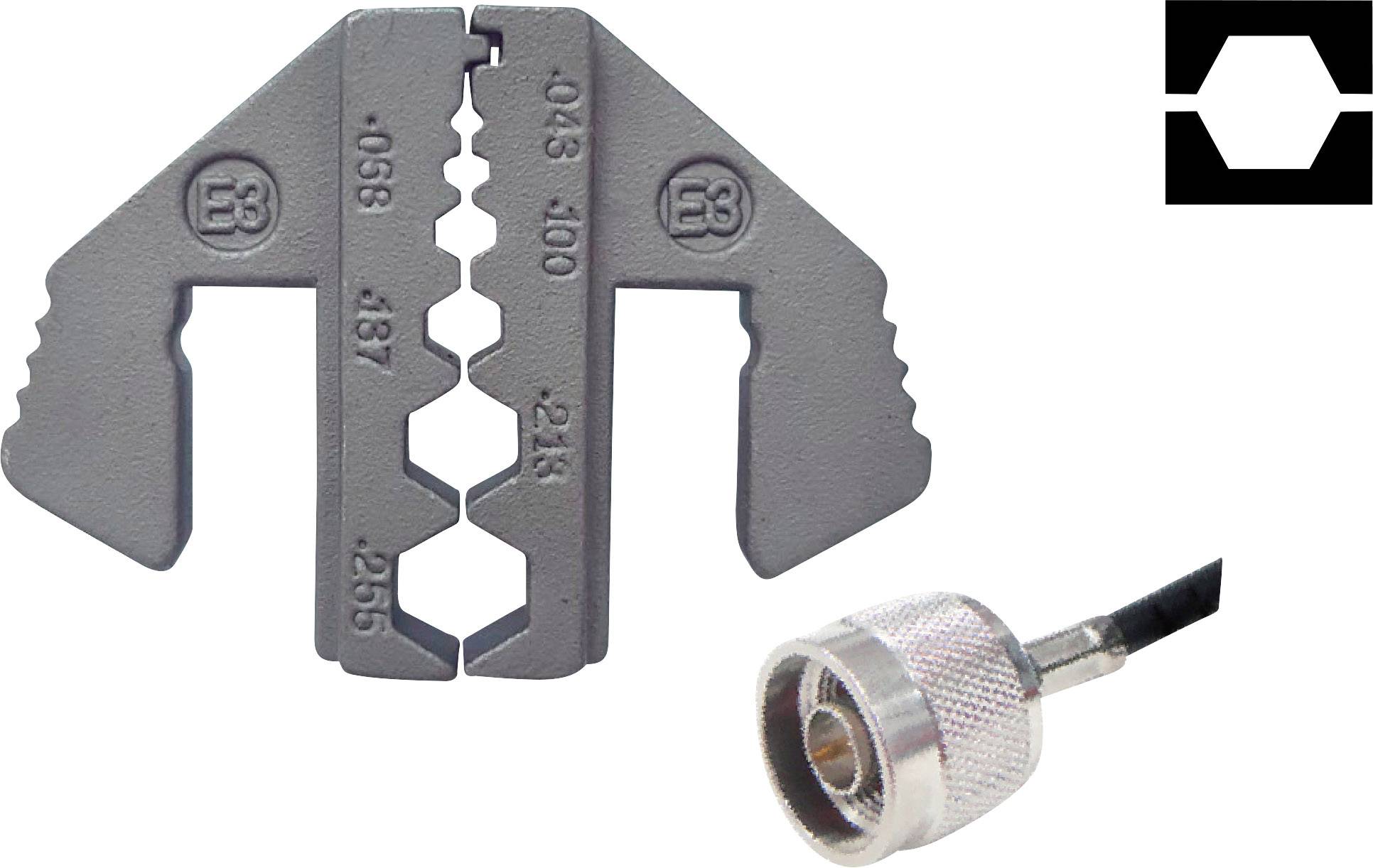 'Crimpwerkzeug auf grauem Hintergrund neben einem Steckverbinder. Werkzeug hat mehrere Öffnungen für verschiedene Kabelgrößen.'