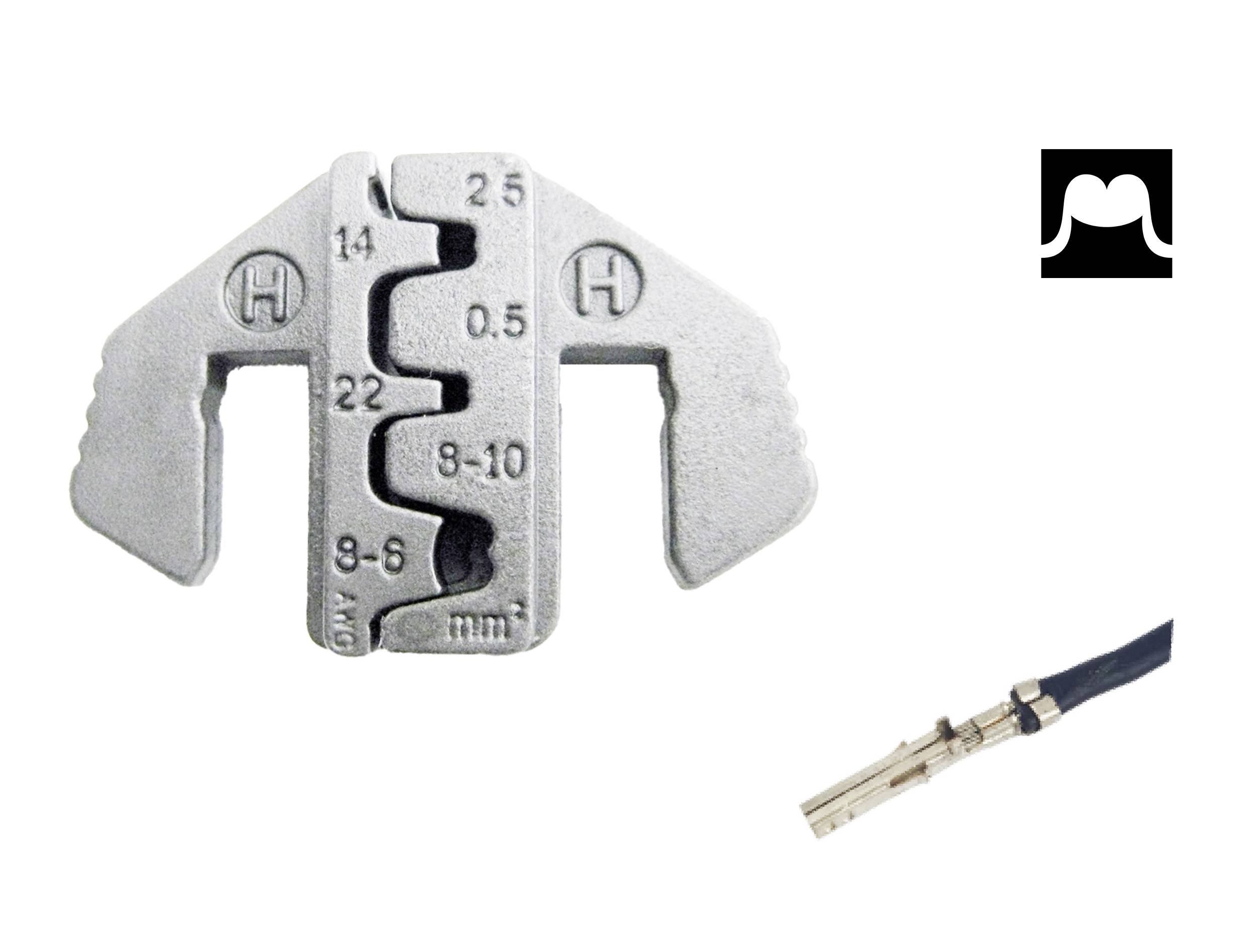 Crimpzange in zwei Ansichten: Vorderseite mit nummerierten Aussparungen für Kabelgrößen, seitlich Kabel mit angebrachtem Metallstecker.