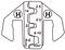 'Illustration eines Crimpwerkzeugs mit Beschriftungen: 2.5 mm², 0.5 mm², 8-10 mm², 14, 22, 8-6 AWG. Zwei H-Symbole links und rechts.'