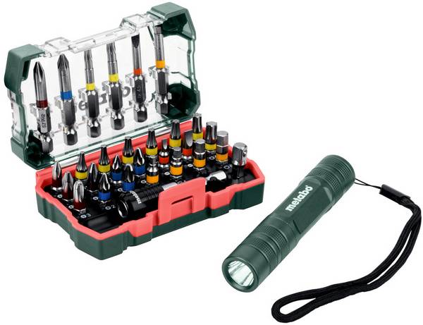Metabo  626721000 Klauenschlüssel-Bit 29teilig Kreuzschlitz Pozidriv, Kreuzschlitz Phillips, Schlitz, Innen-Sechskant, Innen-Sechsrund (TX) inkl. LED Mini-Taschenlampe
