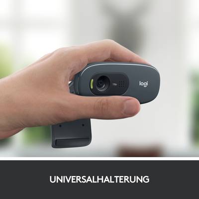 Eine Hand hält eine kleine, graue Webcam mit der Aufschrift 'logi'. Im Bildhintergrund ist ein verschwommener Raum zu sehen.
