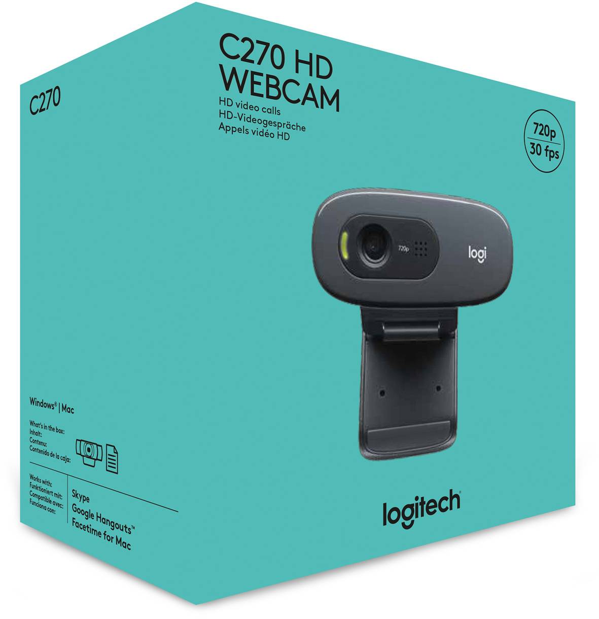 Verpackung einer Logitech C270 HD Webcam, zeigt Produktbild, 720p, 30 fps, kompatibel mit Windows und Mac, für Videogespräche.