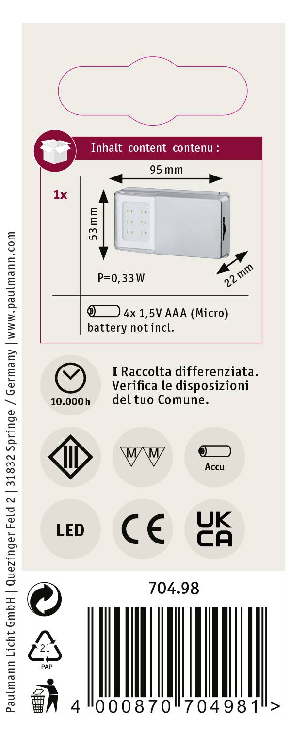 'LED-Licht, benötigt 4x AAA-Batterien (nicht enthalten), Brenndauer 10.000 h, Symbole für CE, UKCA, Mülltrennung und Recycling.'