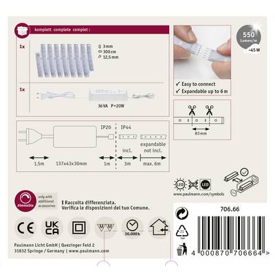 Lampenset bestehend aus 1x Lampe und Zubehör. Einfache Verbindung, erweiterbar auf 10 Sets. Leistung: 3W, 550 Lumen, 36VA, dimmbar.