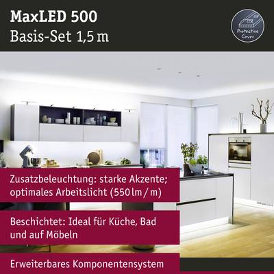 Werbung für 'MaxLED 500', zeigt eine moderne Küche mit LED-Beleuchtung, optimales Licht für Möbel; ideal für Küche, Bad.