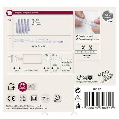 Das Bild zeigt eine Packung eines LED-Lichtsystems. Oben links wird das komplette Set dargestellt. Es umfasst Leuchten, ein Netzteil und Anschlussklemmen. Rechts sind Montage- und Sicherheitshinweise angegeben.