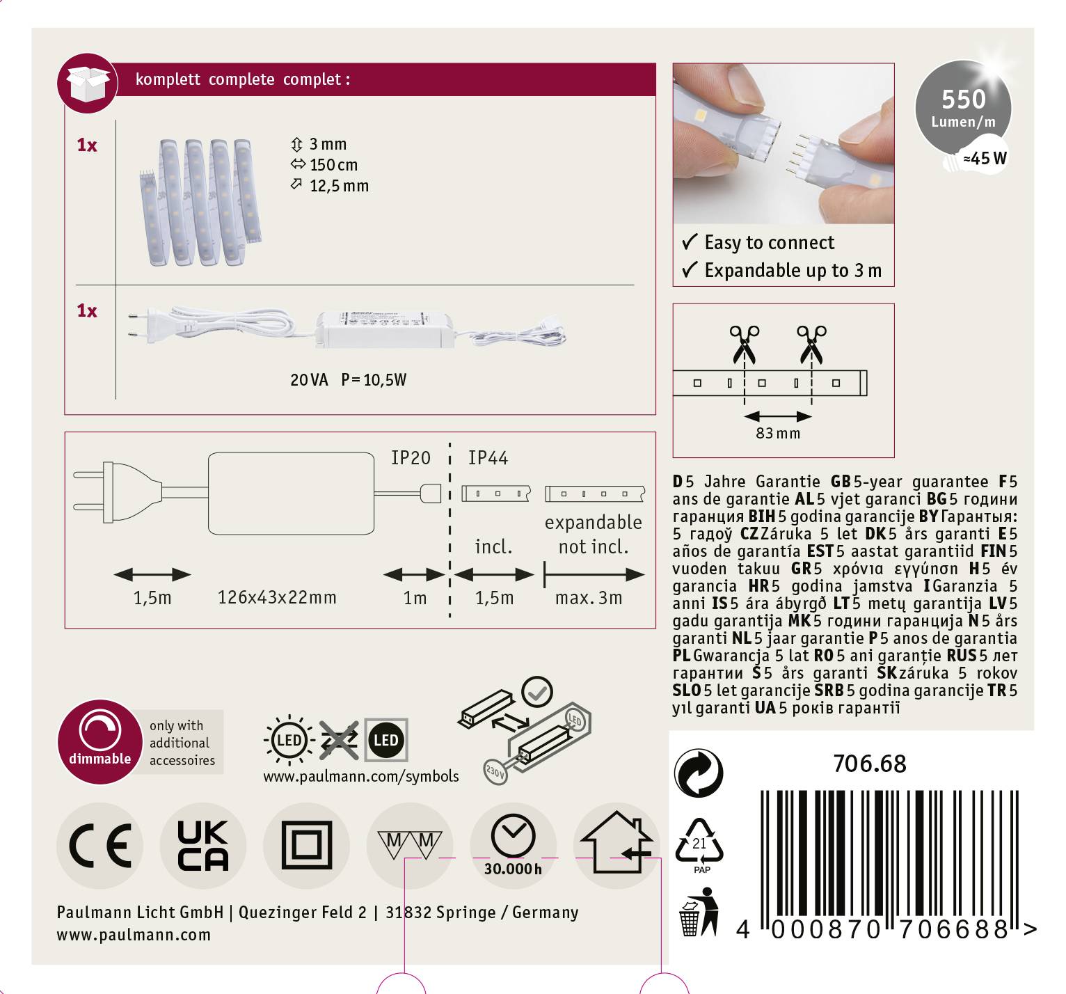 'LED Set komplett' mit 5x Lichtleisten, Kabeln und Transformator. Dimmbar, 45W max, IP20/IP44. Erweiterbar auf 3m. Einfache Montage. Dabei: 5 Jahre Garantie.