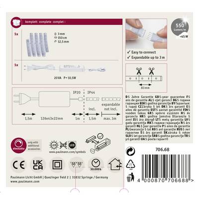 'LED Set komplett' mit 5x Lichtleisten, Kabeln und Transformator. Dimmbar, 45W max, IP20/IP44. Erweiterbar auf 3m. Einfache Montage. Dabei: 5 Jahre Garantie.