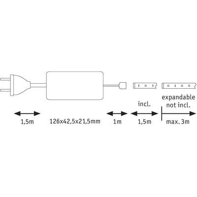 'Maße eines Netzteils: 126 x 42,5 x 21,5 mm. Kabel: 1,5m inklusive, 1,5m optional. Maximale Gesamtlänge: 3m. Erweiterbar, nicht inklusive.'