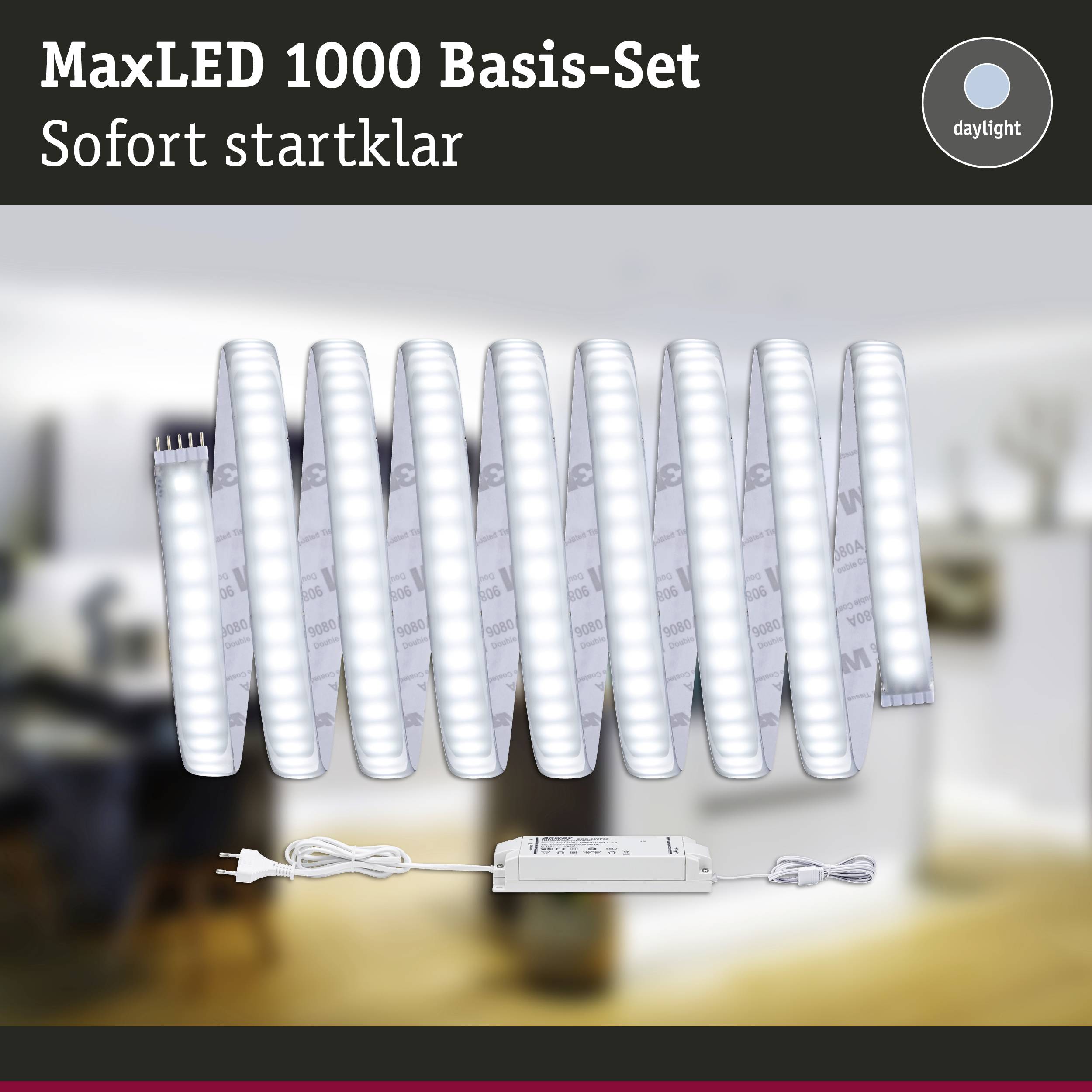 MaxLED 1000 Basis-Set zeigt zehn leuchtende LED-Streifen, bereit zur Installation. Text: 'Sofort startklar'.