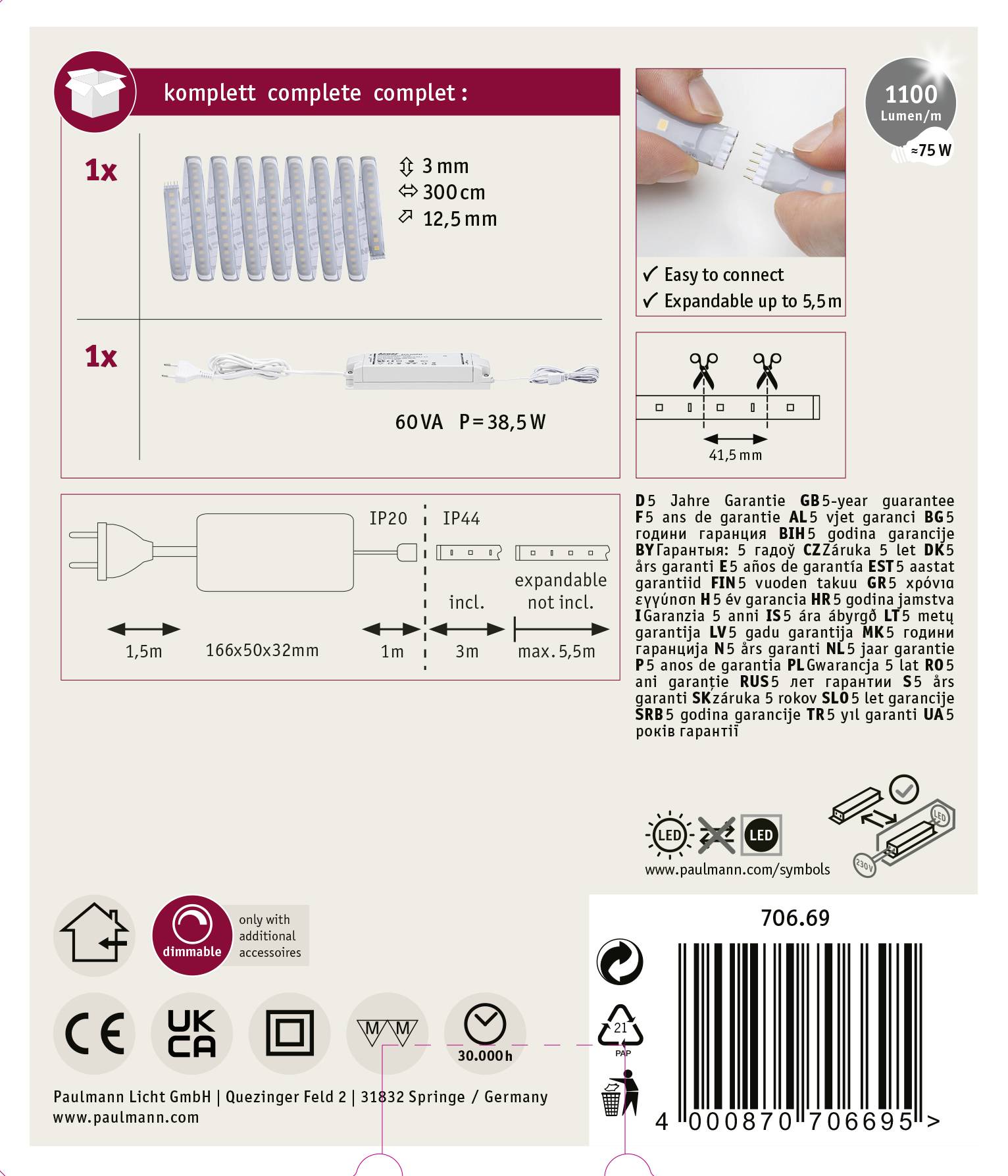 'LED-Set mit Fernbedienung; 1x LED-Leiste, L 300 cm; 1100 Lumen; erweiterbar bis 5,5 m; inkl. Dimmer, Netzteil, Anleitung.'