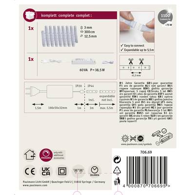 'LED-Set mit Fernbedienung; 1x LED-Leiste, L 300 cm; 1100 Lumen; erweiterbar bis 5,5 m; inkl. Dimmer, Netzteil, Anleitung.'