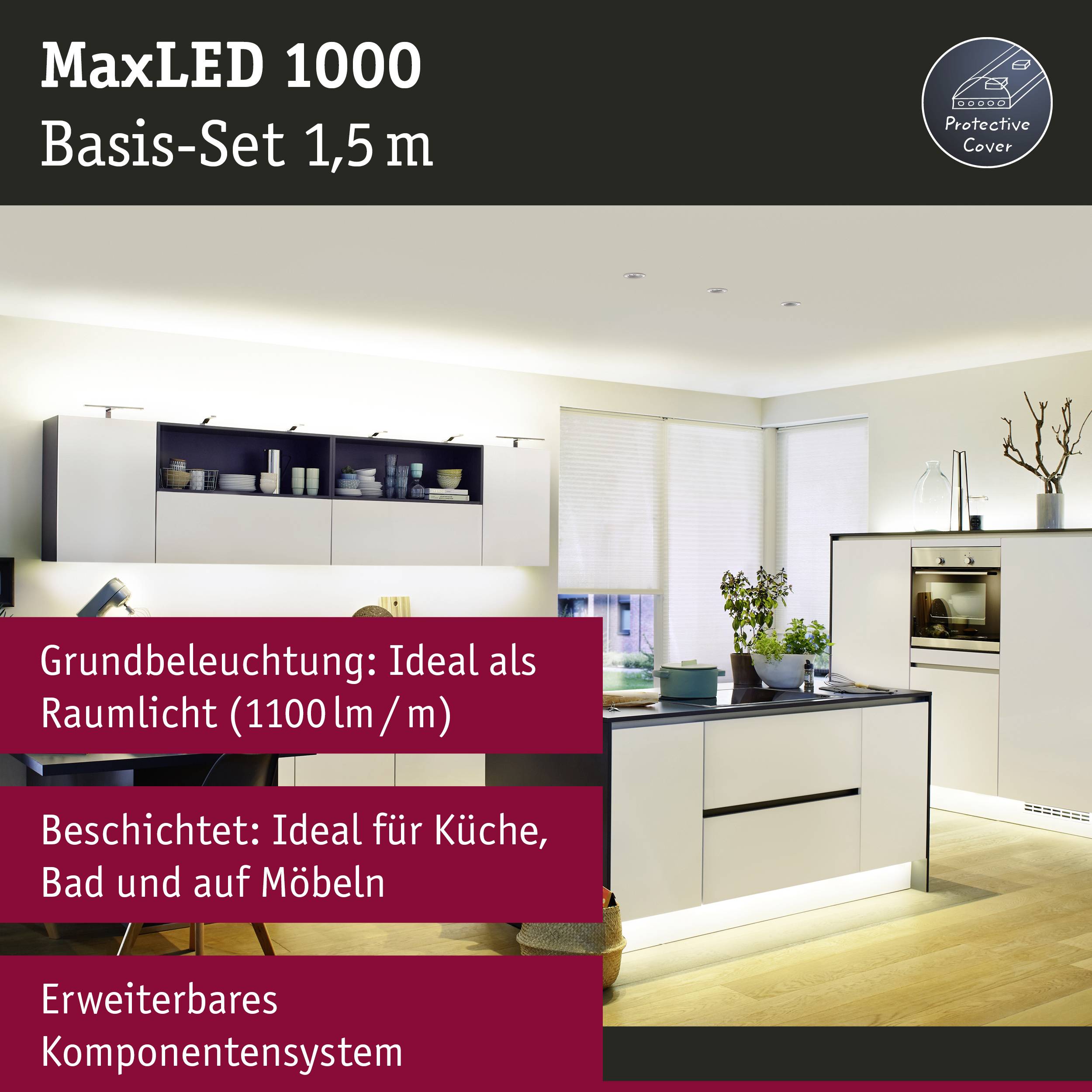 Moderne Küche mit LED-Beleuchtung, präsentiert am Basis-Set von 1,5 m. Ideal für Grund- und Beschlichtung, 1100 lm/m.