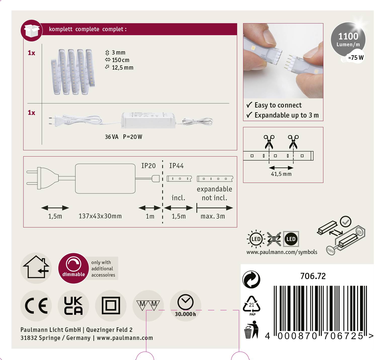 'Paulmann' LED-Leuchten-Verpackung: Enthält Anschlussset, Treiber 36 VA, Länge 150 cm, Koppelbar, mit Montagemöglichkeiten und Dimmbarkeit. IP44.