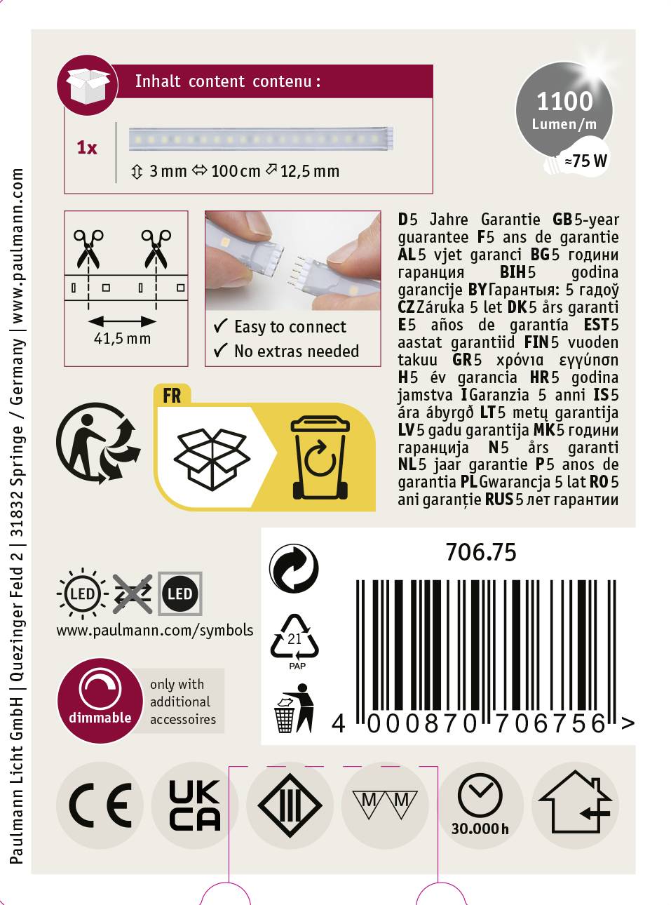 'Paulmann LED-Streifen-Verpackung: 1100 Lumen/m, 75W, Garantieangaben und Montagehinweise. Symbole für Energieeffizienz und Sicherheit.'