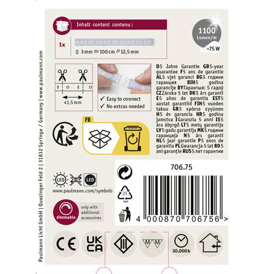 'Paulmann LED-Streifen-Verpackung: 1100 Lumen/m, 75W, Garantieangaben und Montagehinweise. Symbole für Energieeffizienz und Sicherheit.'