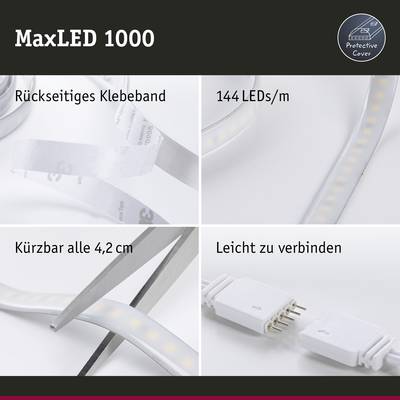 MaxLED 1000: LED-Band mit rückseitigem Klebeband, 144 LEDs/m, kürzbar alle 4,2 cm, leicht verbindbar.