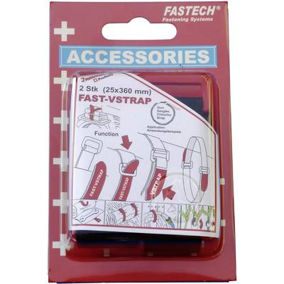 Verpackung mit zwei FAST-VSTRAP Klettbändern von FASTECH. Anwendungsbeispiele, Maße 25x360 mm, ideal für Gartenschläuche.