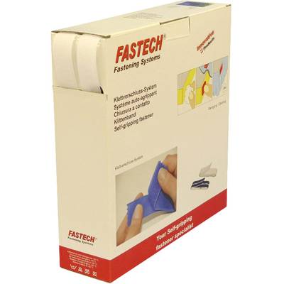'Verpackung für FASTECH Klettverschluss-System, zeigt Anwendungsschritte und Beispiel eines blauen Klettbandes.'