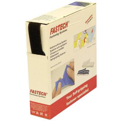 Verpackung für ein Klettverschluss-System, Marke 'FASTECH'. Zeigt Anwendungsmöglichkeiten und das Produkt als selbsthaftend beschrieben.