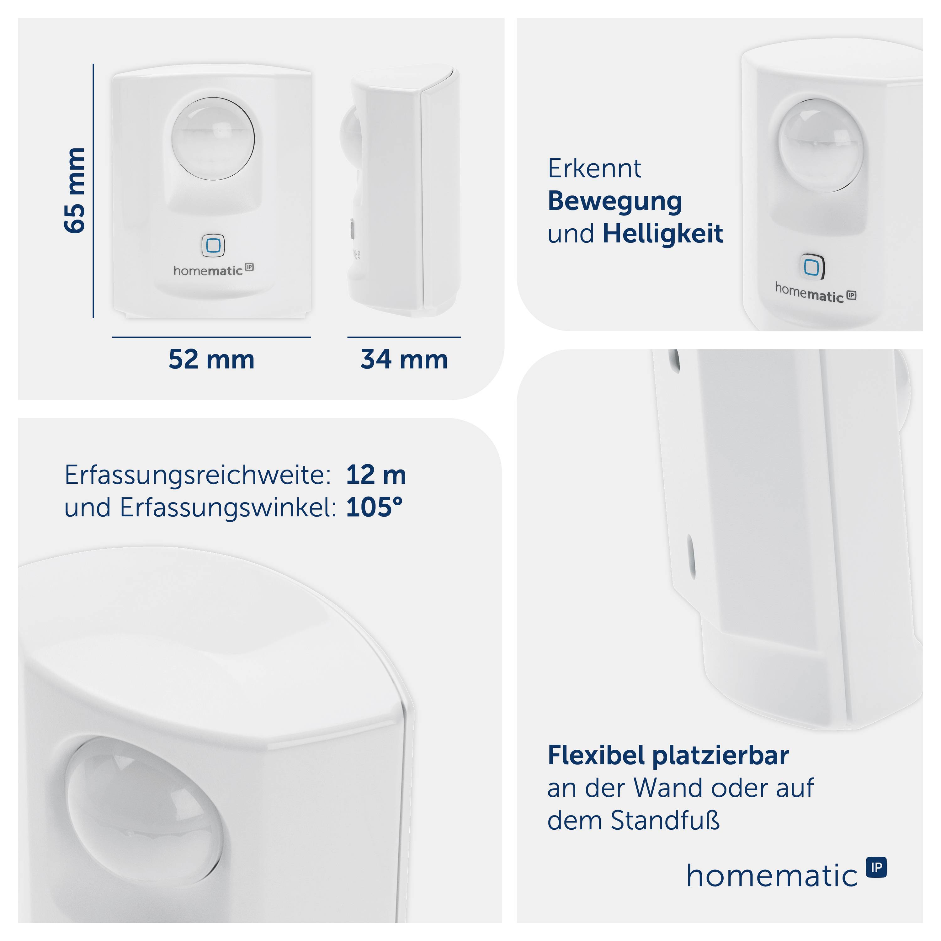 Produktgrafik eines Homematic-IP-Bewegungsmelders mit Maßen 65 x 52 x 34 mm; erkennt Bewegung und Helligkeit, Reichweite 12 m, Winkel 105°, flexibel an Wand oder auf Standfuß<br>