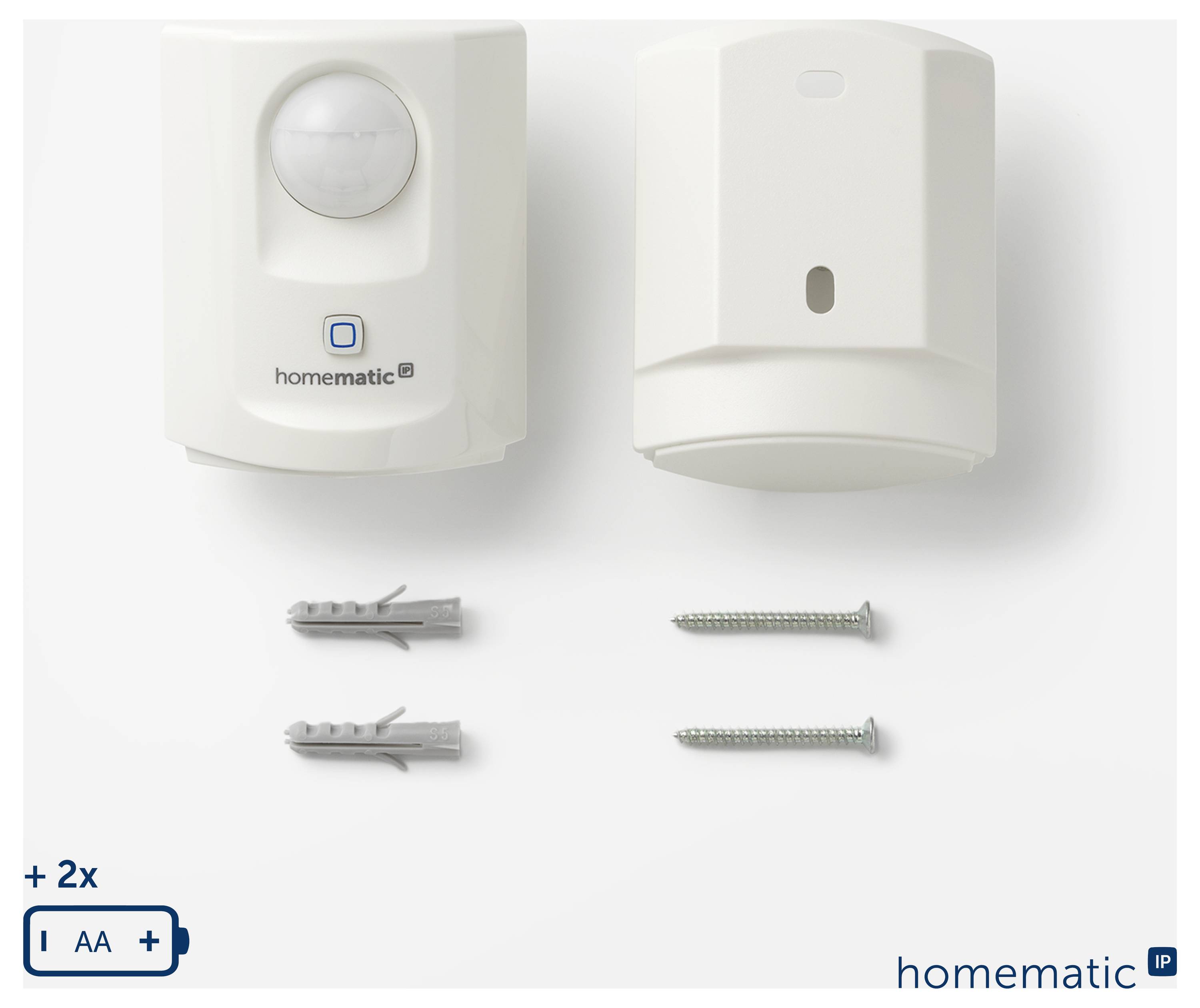 Homematic-Bewegungsmelder-Set mit zwei weißen Sensoreinheiten, vier Wandankern und Schrauben sowie zwei AA-Batterien abgebildet