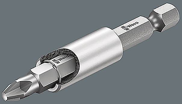 Schraubendreher-Bit mit sechseckiger Basis, mit 'Wera'-Branding, entwickelt für Präzisionsarbeiten in mechanischen Aufgaben, vor grauem Hintergrund.