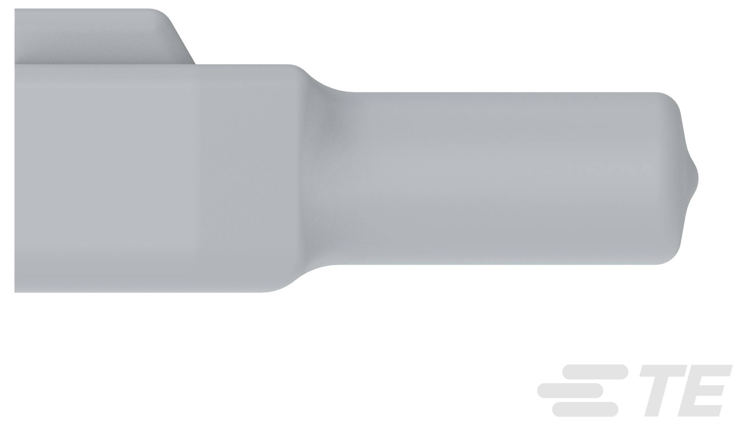 Eine Nahaufnahme eines glatten, zylindrischen grauen Verbindungskomponente, mit dem TE-Logo in der unteren rechten Ecke.