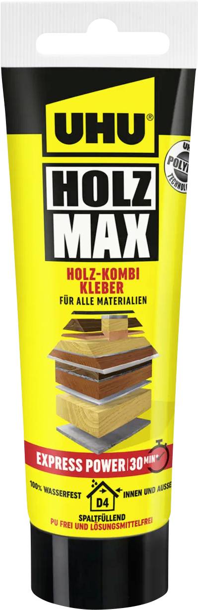 Tube UHU HOLZ MAX Holzleim, beschriftet mit „HOLZ-KOMBI KLEBER" und „Für alle Materialien", mit gestapelten Holzpaneelen auf der Vorderseite.