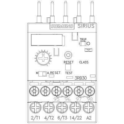 Ein Schaltgerät mit Siemens- und Sirius-Logo, mit Einstellrad, Reset-Taste, und mehrere Anschlussklemmen unten, Modellnummer 3RB30.