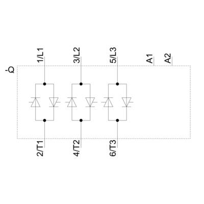 Stromlaufplan eines Drehstromgleichrichters mit sechs Dioden. Anschlüsse 'L1', 'L2', 'L3' oben, 'T1', 'T2', 'T3' unten. Label 'A1', 'A2'.