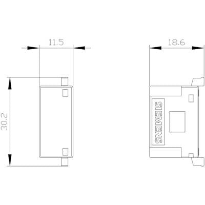 Technische Zeichnung eines rechteckigen Bauteils von Siemens, mit Bemaßungen: 30,2 mm hoch, 11,5 mm breit seitlich, 18,6 mm breit vorne.