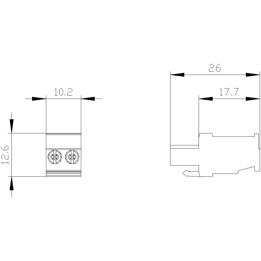 Technische Zeichnung eines Bauteils mit Maßen 12,6 x 10,2 und 26 x 17,7 Millimetern, zeigt Schraubbefestigungen.