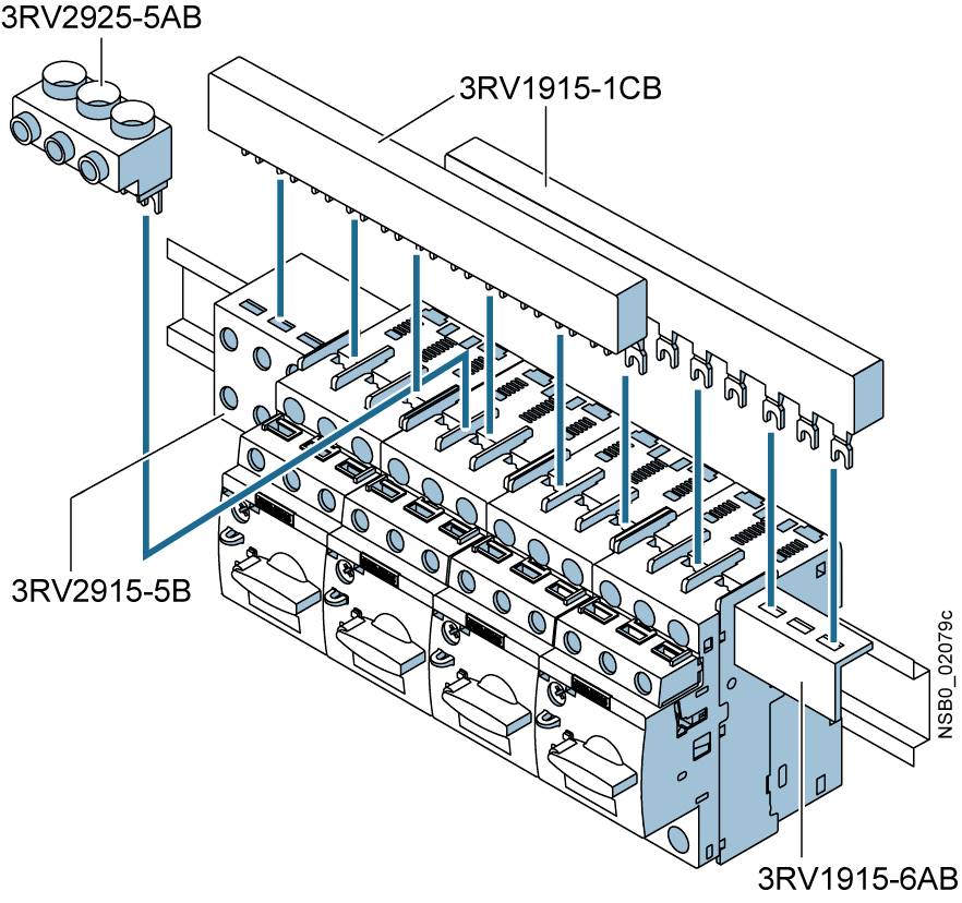 'Diagramm eines elektrischen Schaltersystems mit Teilenummern 3RV2925-5AB, 3RV2915-5B, 3RV1915-1CB, 3RV1915-6AB.'