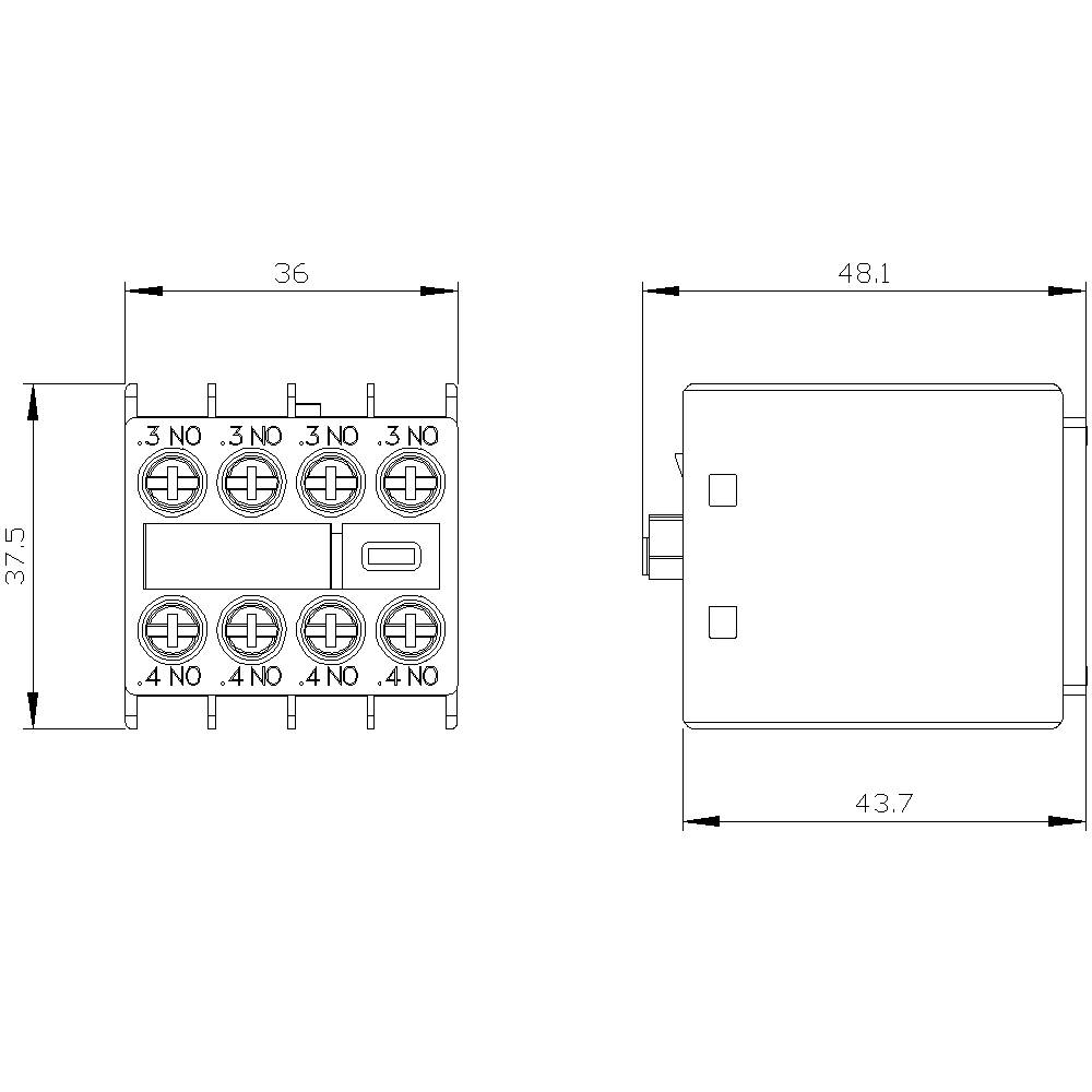 Technische Zeichnung eines elektrischen Schaltgeräts mit Maßen: Breite 36 mm, Tiefe 43,7 mm, Höhe 48,1 mm. Zeigt Anschlüsse.