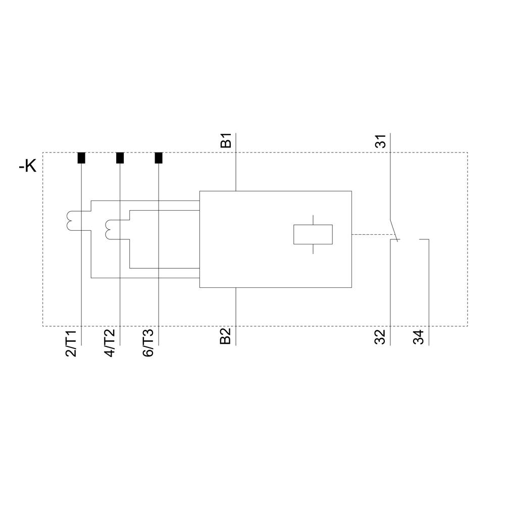 Schaltplan eines elektrischen Bauteils mit Markierungen '2/T1', '4/T2', '6/T3', einer Box B1 mit Anschlussstellen 31, 32, 34.