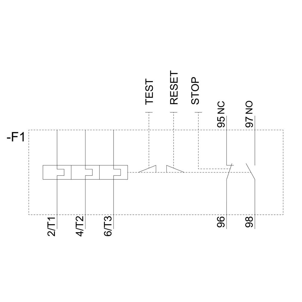 Diagramm eines elektrischen Schaltplans zeigt Kontakte und Verbindungen mit den Bezeichnungen: 2/T1, 4/T2, 6/T3, TEST, RESET, STOP, 95 NC, 96, 97 NO, 98.