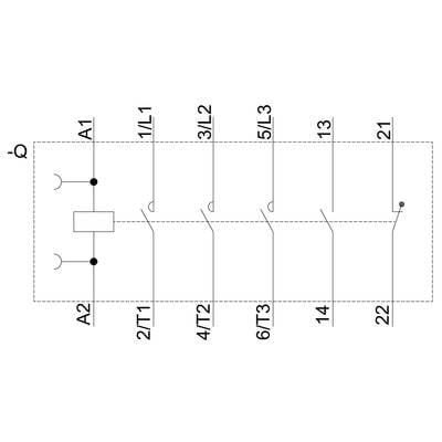 'Schützsteuerungsschema: Verbindung von A1 und A2; Hauptkontakte 1/L1, 3/L2, 5/L3 und 2/T1, 4/T2, 6/T3. Steuerkreis mit Schalter.'