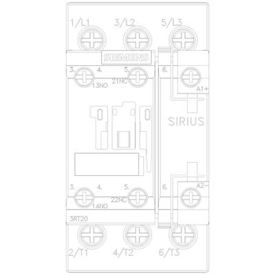 Ein Schaltplan eines Siemens-Schützes mit Anschlussklemmen und Beschriftungen. Oberhalb 'Siemens Sirius' und Modellnummer unten links.