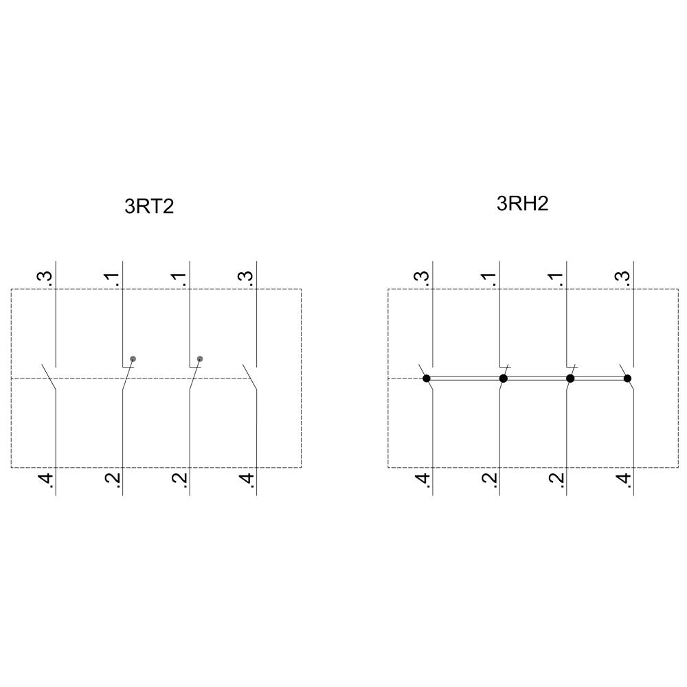 Schaltplandiagramm mit zwei Spalten: '3RT2' links zeigt vier horizontale Linien mit Nummern 1-4; '3RH2' rechts hat ähnliche Linien.