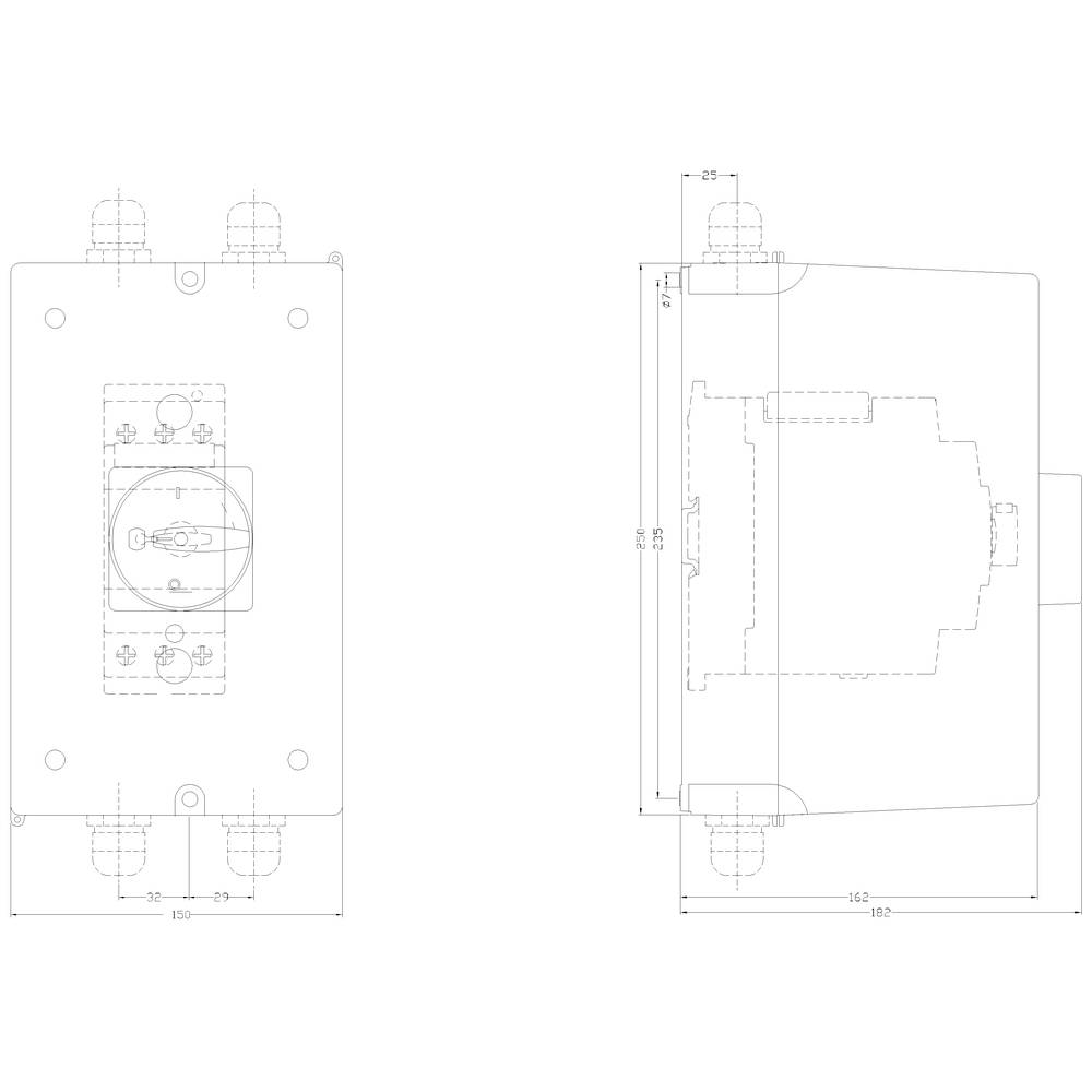 Technische Zeichnung eines Bauteils mit Maßen und Details in Draufsicht und Seitenansicht. Zeigt Schraubenpositionen und Anschlussstellen.