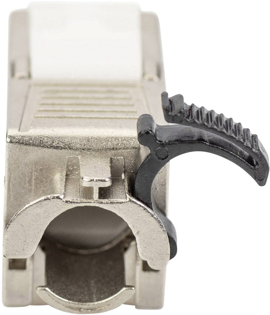 Metallischer RJ45-Stecker mit schwarzem Hebel, Vorderansicht. Steckverbindung bereit für Netzwerk- oder Datenkabel.